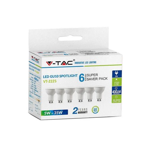 V-TAC LED lámpa csomag (6 db) GU10 MR16 4.5W 110° 3000K spot - 212739