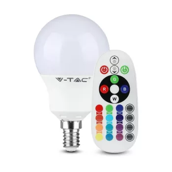   V-TAC LED izzó  infra távirányítóval E14 P45 4.8W 180° RGB + 3000K kisgömb - 212775