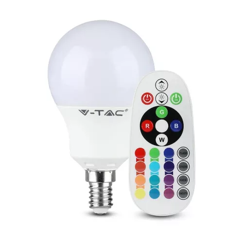 V-TAC LED izzó  infra távirányítóval E14 P45 4.8W 180° RGB + 3000K kisgömb - 212775