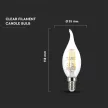 V-TAC Átlátszó LED izzó filament COG  E14 C37 4W 2700K gyertyaláng - 214302