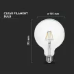V-TAC Átlátszó LED izzó filament COG  E27 G125 12.5W 3000K nagygömb - 217453