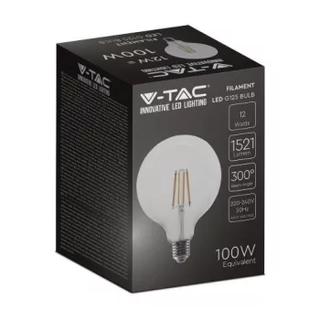   V-TAC Átlátszó LED izzó filament COG  E27 G125 12.5W 4000K nagygömb - 217454