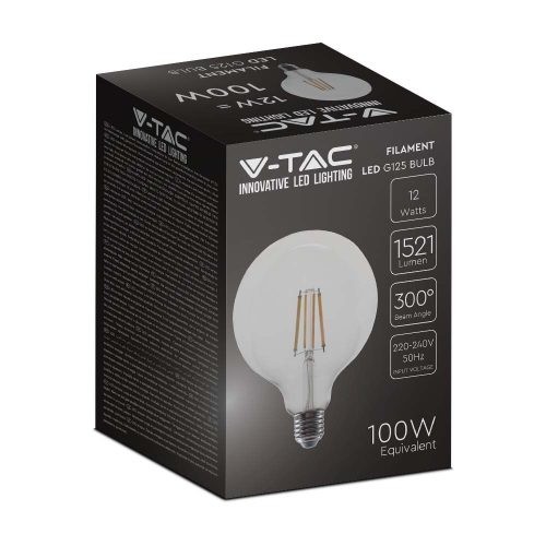 V-TAC Átlátszó LED filament COG lámpa E27 G125 12.5W 4000K nagygömb - 217454