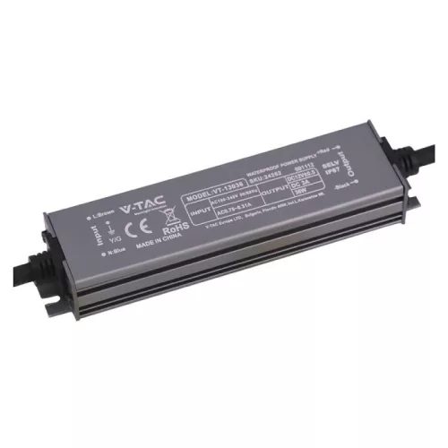 V-TAC LED Fémházas szerelhető vízálló tápegység 36W 3A 12V IP67 - 24262
