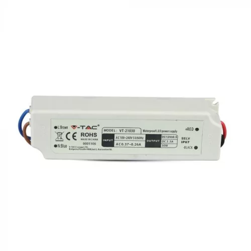 V-TAC LED Műanyagházas szerelhető vízálló tápegység 30W 2.5A 12V IP67 - 3271