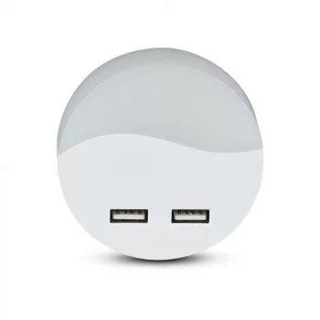   V-TAC LED éjszakai fény alkonykapcsolóval, USB aljzattal 0.4W 120° 3000K kör (Samsung Chip) - 505