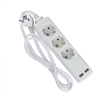   V-TAC Hosszabbító kapcsolóval 3 csatlakozós 2 USB csatlakozóval 1,5m kábel fehér színű - 8774