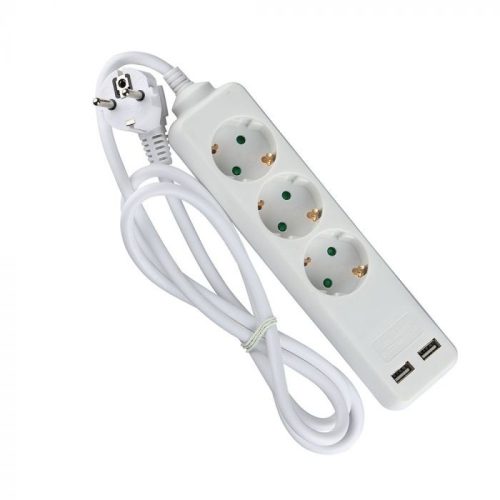 V-TAC Hosszabbító kapcsolóval 3 csatlakozós 2 USB csatlakozóval 1,5m kábel fehér színű - 8774