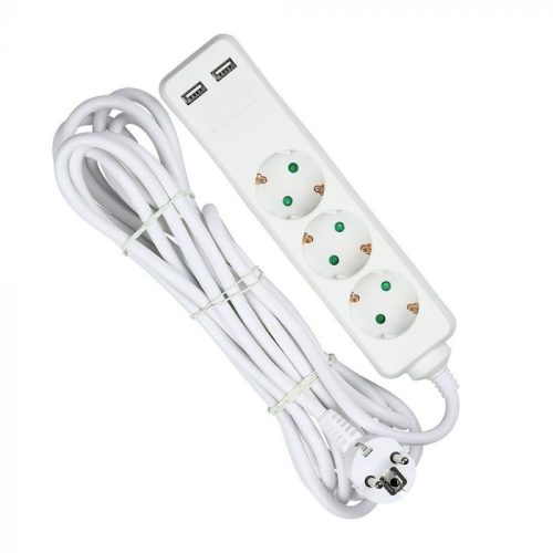V-TAC Hosszabbító kapcsolóval 3 csatlakozós 2 USB csatlakozóval 5m kábel fehér színű - 8775