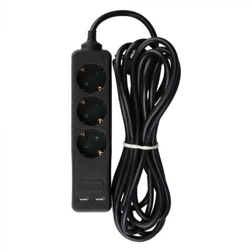 V-TAC Hosszabbító kapcsolóval 3 csatlakozós 2 USB csatlakozóval 5m kábel fekete színű - 8777