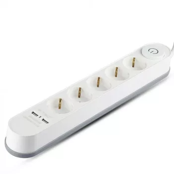   V-TAC Hosszabbító kapcsolóval 5 csatlakozós + 2 db USB port, 3 m fehér - 8807