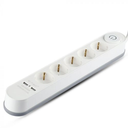 V-TAC Hosszabbító kapcsolóval 5 csatlakozós + 2 db USB port, 3 m fehér - 8807