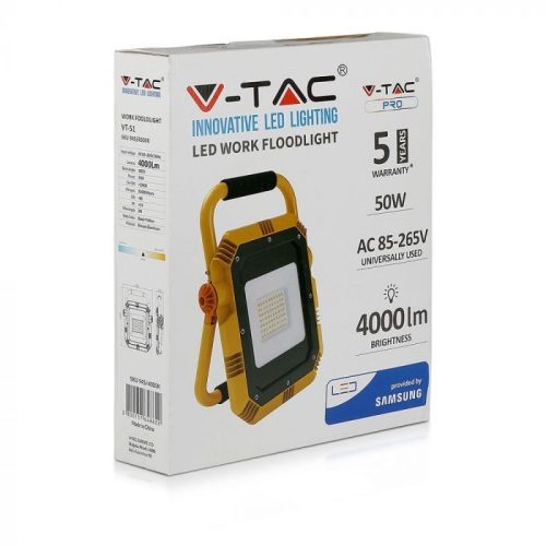 V-TAC 50W LED hordozható reflektor 100° 4000K IP44 fekete, sárga házas (Samsung Chip) - 945